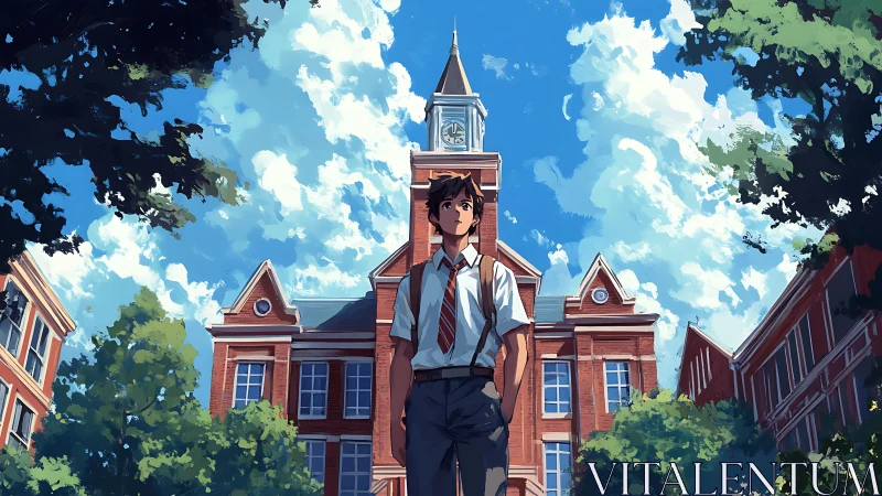 Anime student stands before red brick school building.