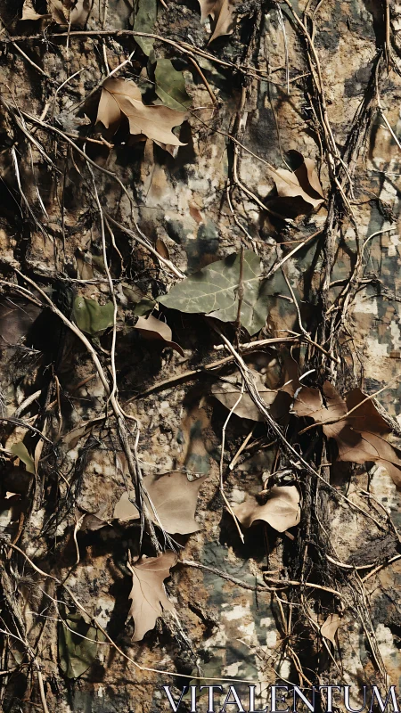 Forest camouflage wall where dry leaves weave secret maps.