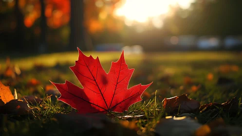 Crimson maple leaf glows in soft golden autumn sunset light
