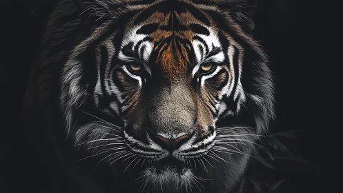 Close frontal tiger portrait in dramatic low key lighting.