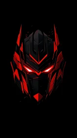 Red and black robotic helmet face on dark black background.
