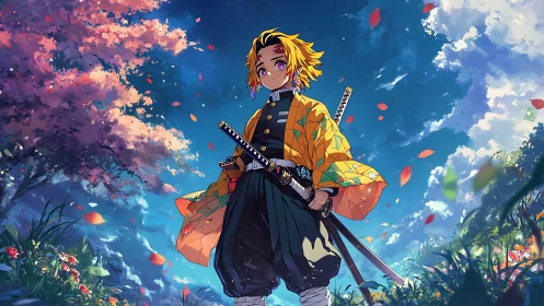 Dynamic anime swordsman framed by vibrant sky and foliage