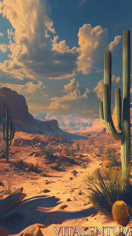 Sunlit canyon cacti stand guard beneath sculpted desert skies