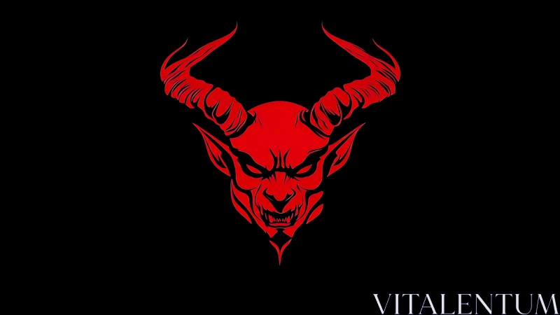 Horned red demon emblem on stark black minimalist field.