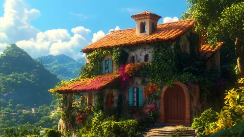 Sunlit vine-draped hillside cottage dreaming in color.