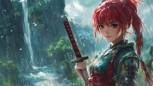 Red haired warrior with katana in rainy mountain valley.