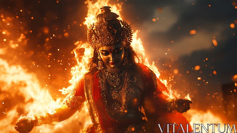 Divine Deity Ablaze: Ornamental Figure Engulfed in Ethereal Flames.