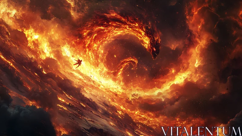 Celestial fire serpent vortex confronting solitary falling warrior