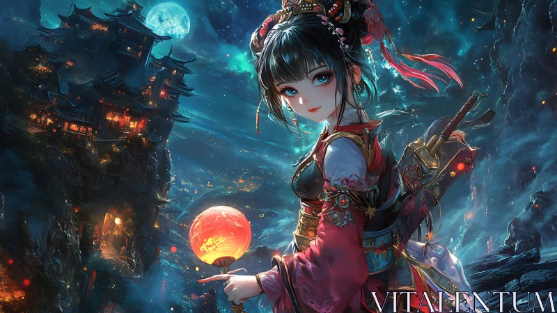 Moonlit lantern warrior crossing night-swept sky temples.