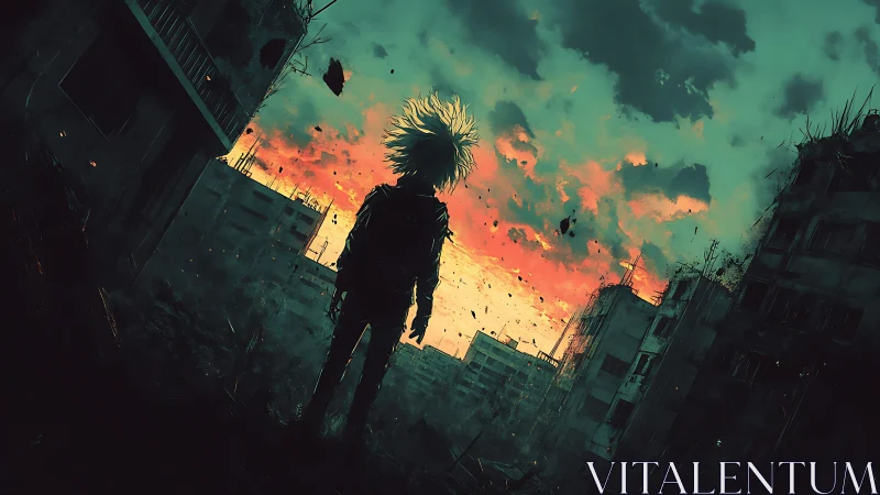 Backlit wanderer in post-urban ruin under incendiary sky.