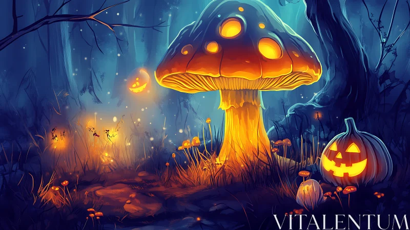 Glowing mushroom and jack o lantern in a dark fantasy forest.