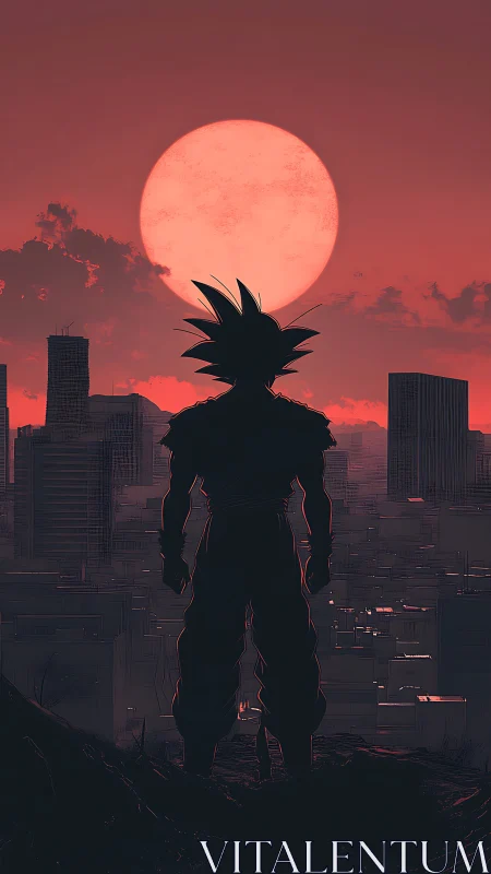 Heroic silhouette watching a quiet city sunset glow.