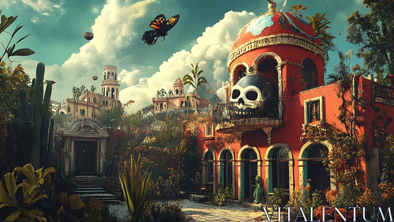 Vibrant decayed hacienda with skull balcony in lush overgrown valley