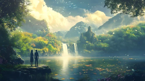Romantic couple watches waterfall glow in mystical valley