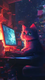 Starlit coder kitten guarding neon midnight workbench.
