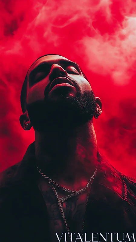 Man in red smoke with dramatic lighting and strong pose.