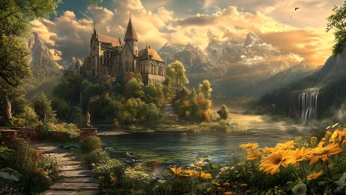 Gothic mountaintop abbey overlooks a luminous alpine lake