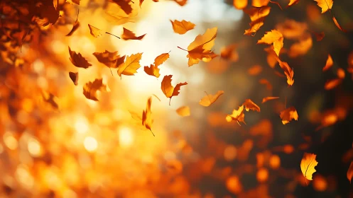 Golden autumn foliage swirling through warm backlight.