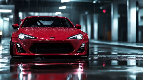 Red Toyota sports coupe in wet underground parking structure.