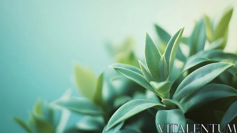 Closeup green succulent leaves against soft teal background.