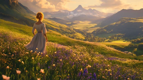 Backlit girl surveys alpine valley under warm golden hour lighting