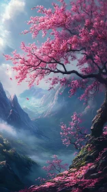 Cherry blossoms glow above a misty fantasy mountain valley