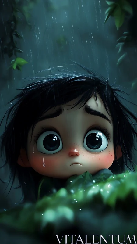Large-eyed child in rain among foliage, stylized rendering.