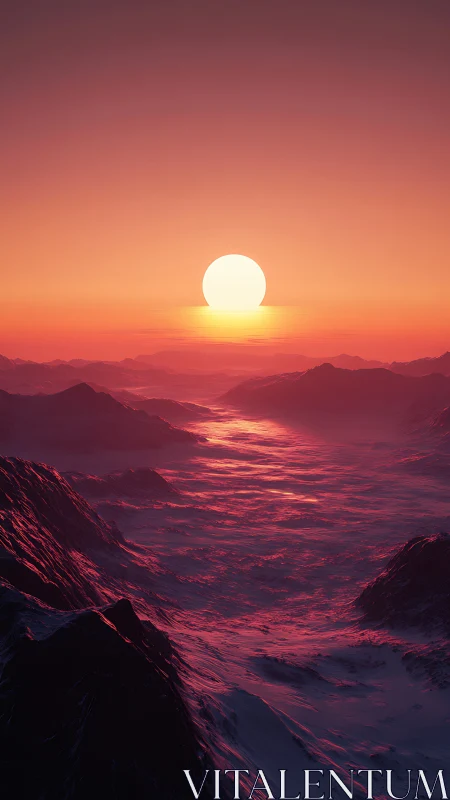 Sunset over stylized mountains and misty valley landscape.