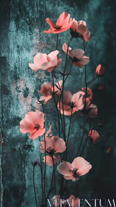 Pink Cosmos Flowers Against Weathered Teal Wall Surface.