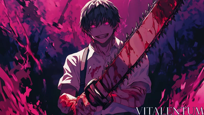Bloodstained anime boy holding chainsaw in dark forest.