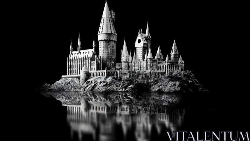 Moonlit fortress of spires mirrored on a midnight lake.