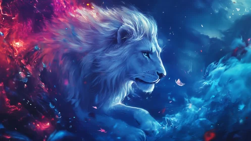 Profile view of blue lion amid contrasting color clouds.