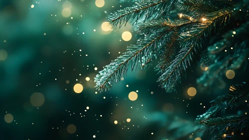 Evergreen branches with lights are captured in shallow focus