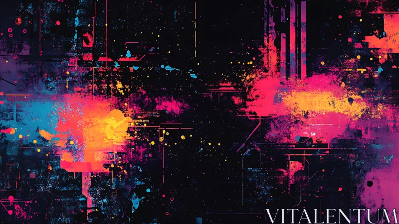 Neon color bursts collide over dark futuristic gridscape.