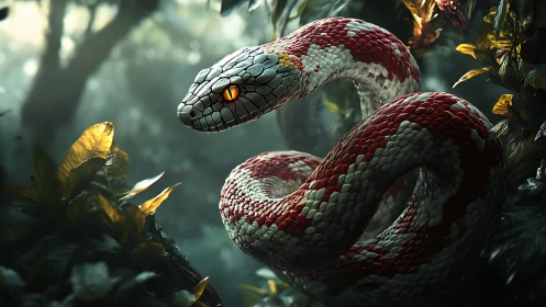 Coiled red and white snake rendered in dense forest habitat.