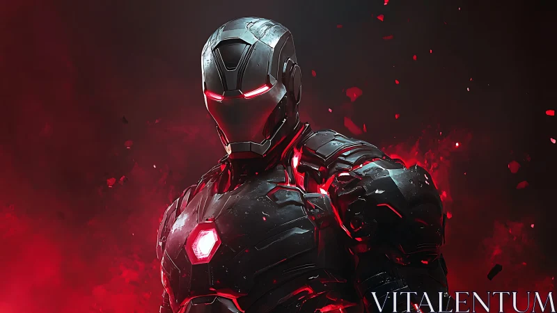 Armored cyber warrior glows within red embers storm.