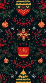 Nordic knitted Christmas pattern with ornaments and firs.