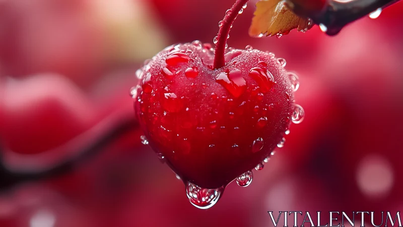 Heart-shaped cherry macro with dewy surface and bokeh red field.
