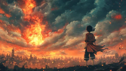 Lone dreamer watching a burning sky over a ruined city.