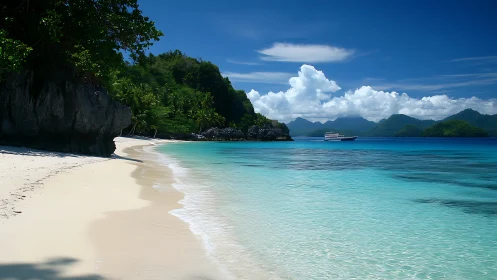 Tropical Beach Cove with Turquoise Waters and Island Mountains.
