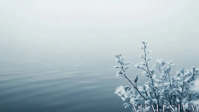 Monochrome littoral flora against defocused rippled water plane.