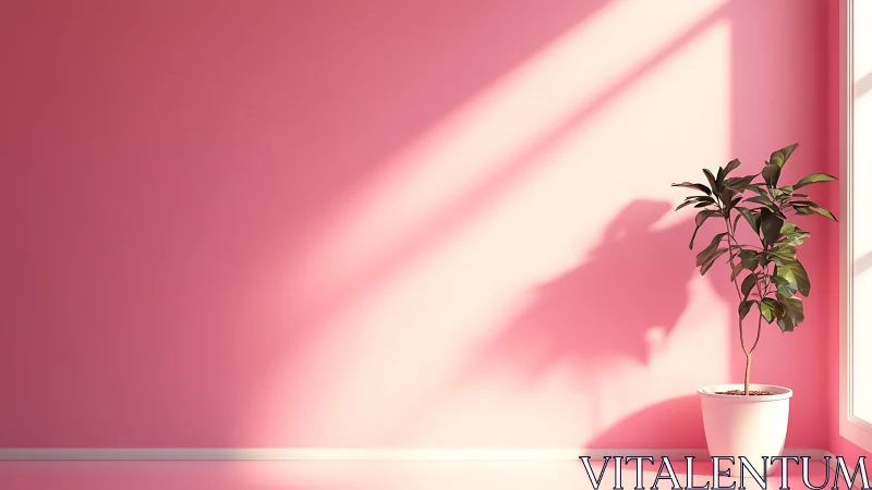Minimalist indoor plant against sunlit pastel pink wall.