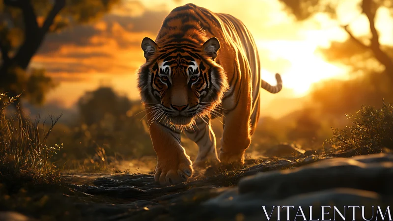 Golden hour tiger strolls through glowing forest path.