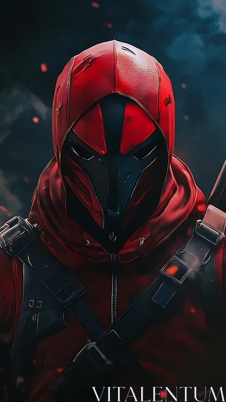 Red hooded masked fighter in dark smoky environment.