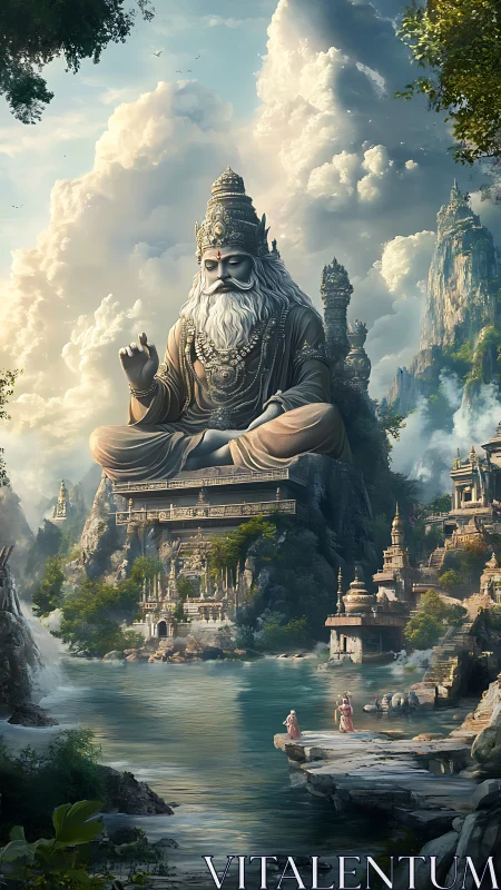 Colossal seated deity statue above riverside temple city.