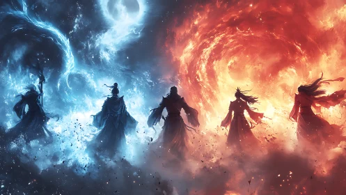 Elemental mages divide battlefield with fire and ice storm.