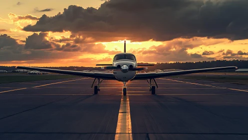 Sunset-lit propeller plane waits poised on silent runway.