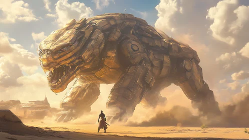 Colossal desert mech-beast confronting lone cloaked wanderer.