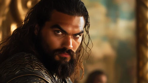 Warrior’s intense gaze under golden cinematic lighting.