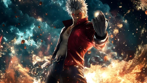 Sky-scorched rebel folds a blazing cosmos into his fist